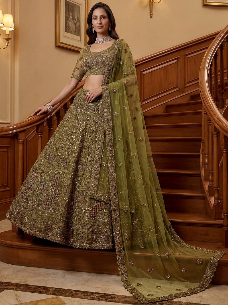 Excellent Olive Green Sequins Net Bridal Lehenga Choli With Dupatta