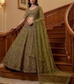 Excellent Olive Green Sequins Net Bridal Lehenga Choli With Dupatta