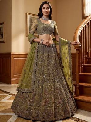 Excellent Olive Green Sequins Net Bridal Lehenga Choli With Dupatta 2