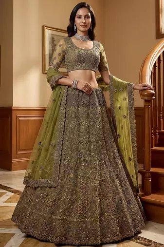 Excellent Olive Green Sequins Net Bridal Lehenga Choli With Dupatta