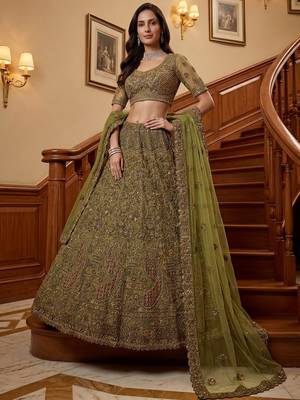 Excellent Olive Green Sequins Net Bridal Lehenga Choli With Dupatta 3