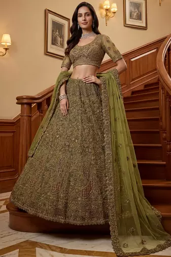 Excellent Olive Green Sequins Net Bridal Lehenga Choli With Dupatta