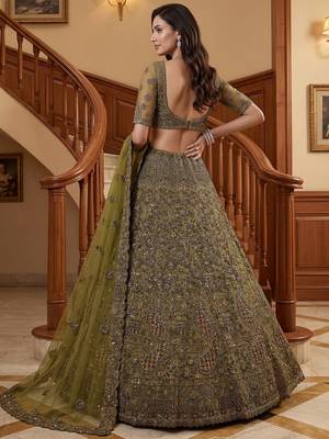 Excellent Olive Green Sequins Net Bridal Lehenga Choli With Dupatta 4