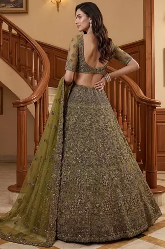 Excellent Olive Green Sequins Net Bridal Lehenga Choli With Dupatta