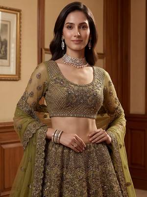 Excellent Olive Green Sequins Net Bridal Lehenga Choli With Dupatta 5