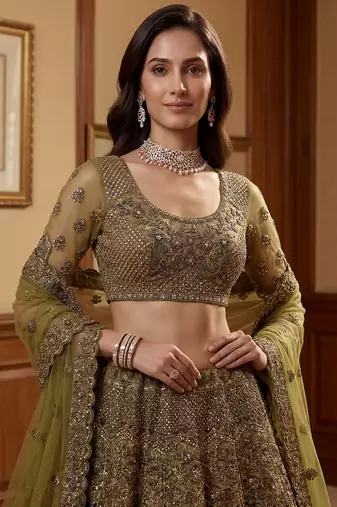 Excellent Olive Green Sequins Net Bridal Lehenga Choli With Dupatta