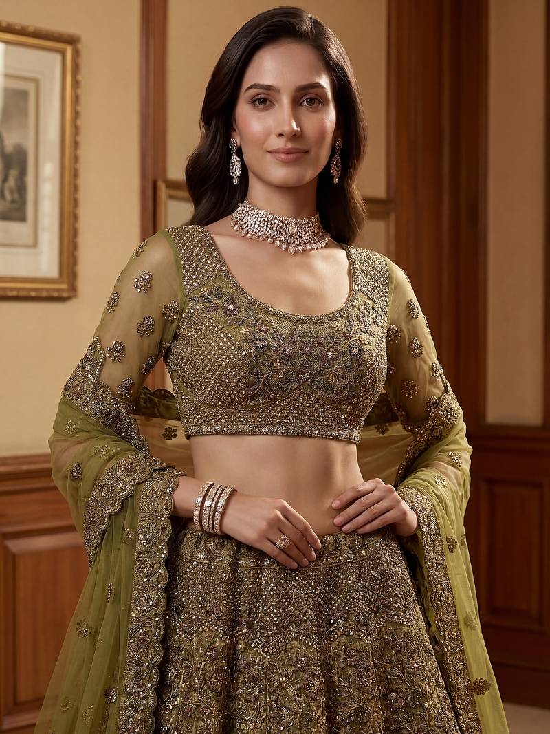 Excellent Olive Green Sequins Net Bridal Lehenga Choli With Dupatta