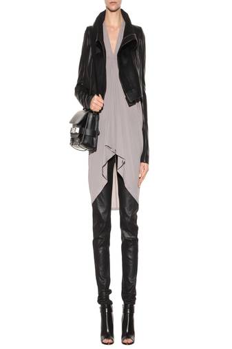 Women’s black leather jacket open front draped collar stylish jacket