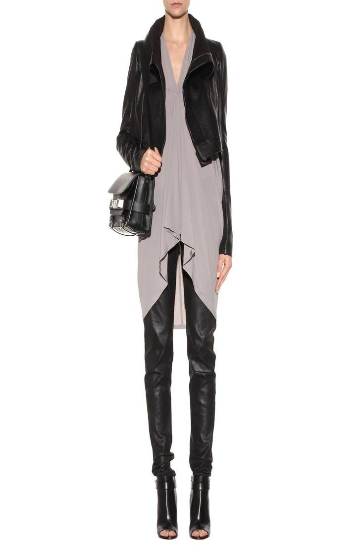 Women’s black leather jacket open front draped collar stylish jacket