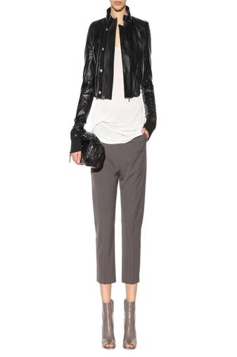 Women’s black leather jacket stand collar zip-up slim fit coat