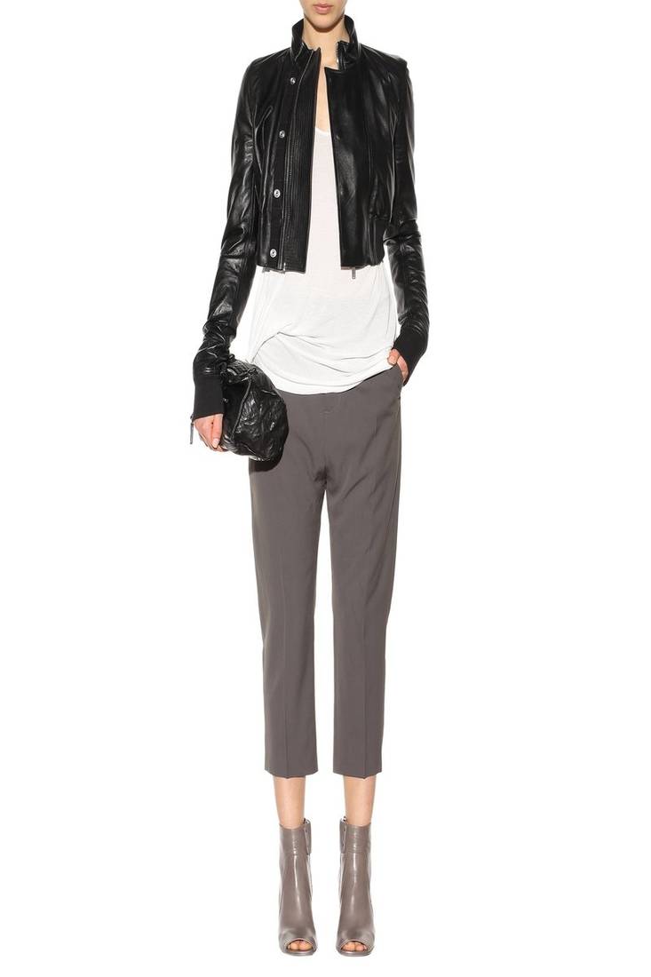 Women’s black leather jacket stand collar zip-up slim fit coat