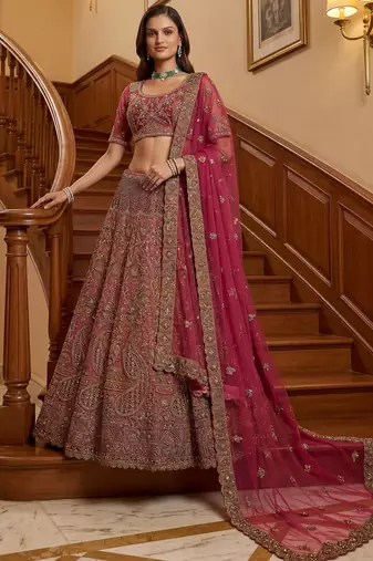 Royal Pink Multi Thread Work Net Engagement Wear Lehenga Choli With Dupatta