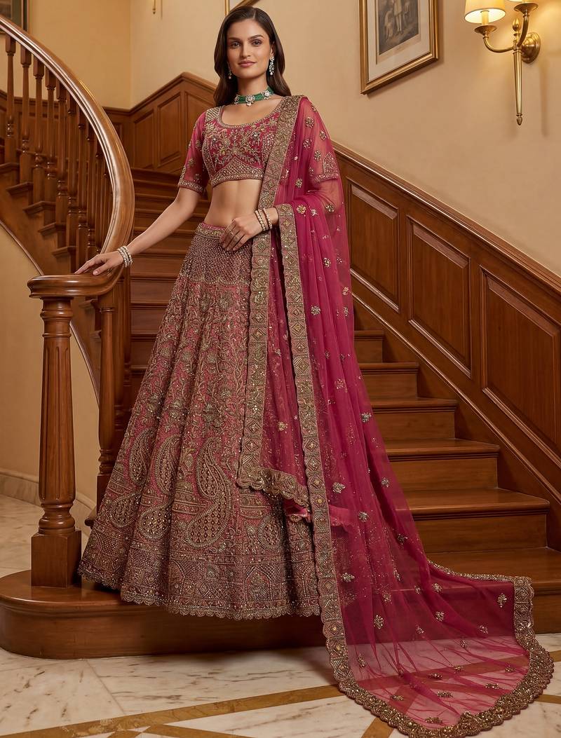 Royal Pink Multi Thread Work Net Engagement Wear Lehenga Choli With Dupatta