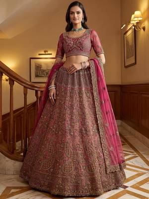 Royal Pink Multi Thread Work Net Engagement Wear Lehenga Choli With Dupatta 2