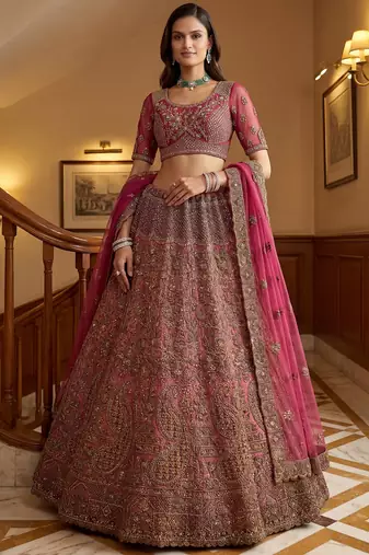 Royal Pink Multi Thread Work Net Engagement Wear Lehenga Choli With Dupatta
