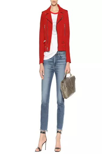 Women’s red suede leather biker jacket zip-up slim fit stylish coat