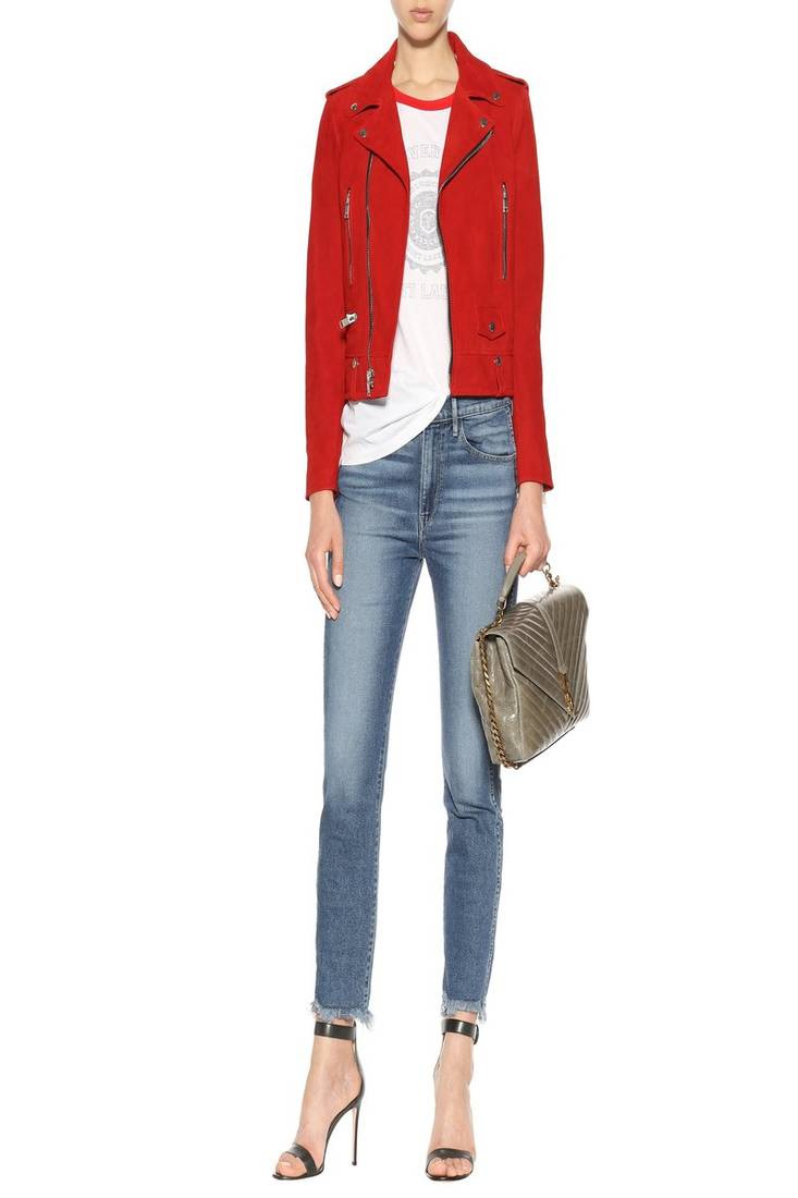 Women’s red suede leather biker jacket zip-up slim fit stylish coat