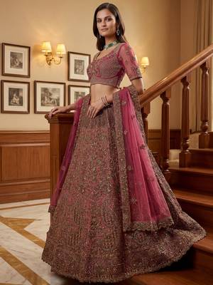 Royal Pink Multi Thread Work Net Engagement Wear Lehenga Choli With Dupatta 3