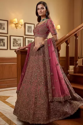 Royal Pink Multi Thread Work Net Engagement Wear Lehenga Choli With Dupatta
