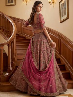 Royal Pink Multi Thread Work Net Engagement Wear Lehenga Choli With Dupatta 4