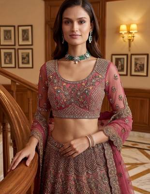 Royal Pink Multi Thread Work Net Engagement Wear Lehenga Choli With Dupatta 5