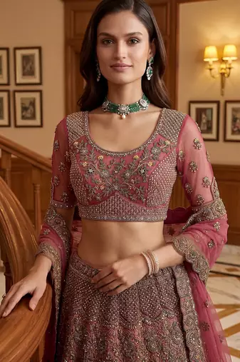 Royal Pink Multi Thread Work Net Engagement Wear Lehenga Choli With Dupatta
