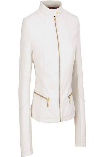 Women’s white lambskin leather jacket slim fit stand collar zip front style
