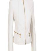 Women’s white lambskin leather jacket slim fit stand collar zip front style