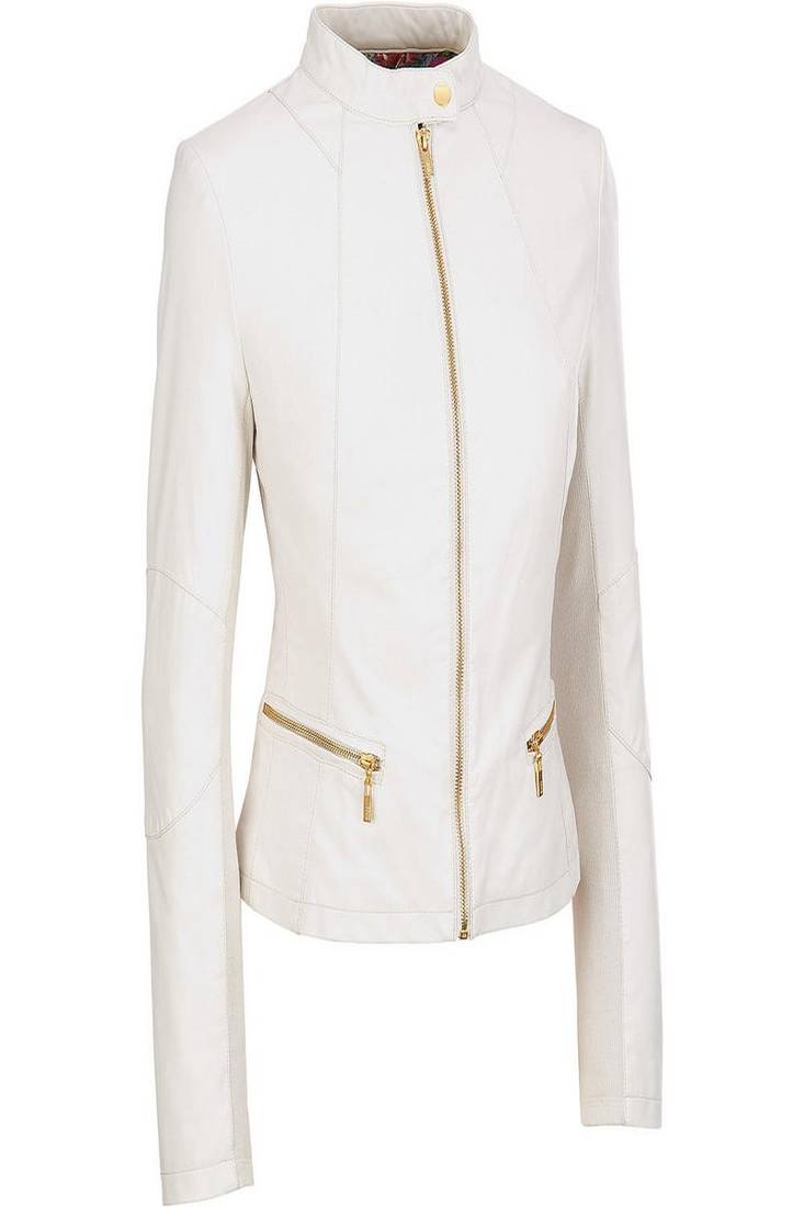 Women’s white lambskin leather jacket slim fit stand collar zip front style