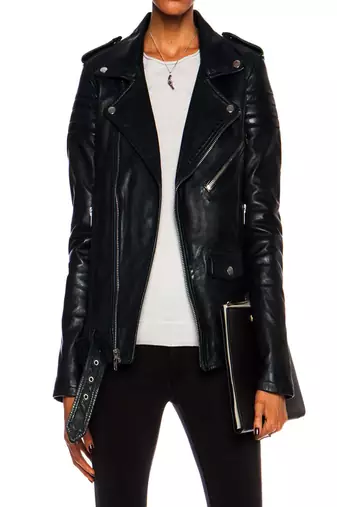 Women’s black lambskin leather biker jacket slim fit belted waist zip style