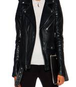 Women’s black lambskin leather biker jacket slim fit belted waist zip style