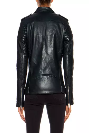 women's black lambskin leather biker jacket adjustable belted waist