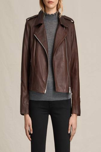 Women’s brown leather biker jacket asymmetrical zip slim fit style