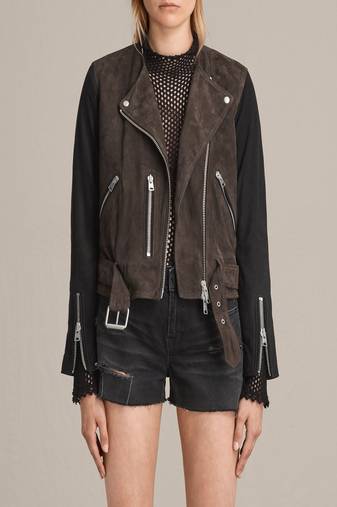 Women’s two-tone biker jacket  brown & black leather zip front style