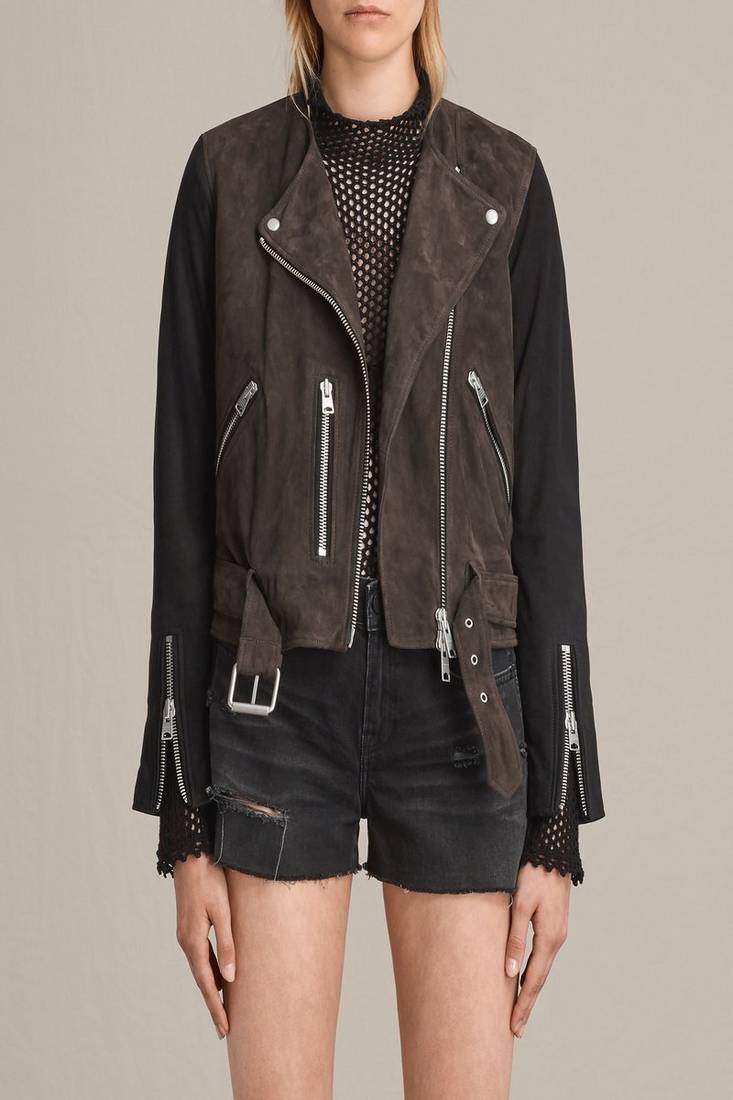 Women’s two-tone biker jacket  brown & black leather zip front style