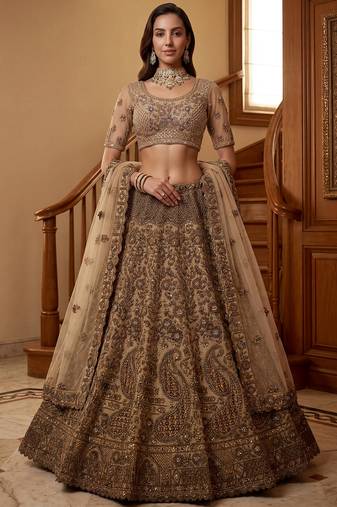 Grand Beige Zari Embroidery Net Sangeet Wear Lehenga Choli With Dupatta