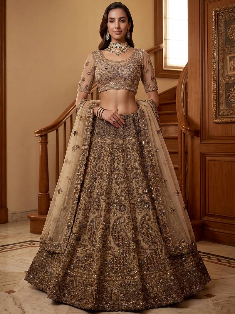 Grand Beige Zari Embroidery Net Sangeet Wear Lehenga Choli With Dupatta