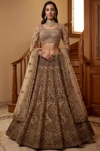 Grand Beige Zari Embroidery Net Sangeet Wear Lehenga Choli With Dupatta