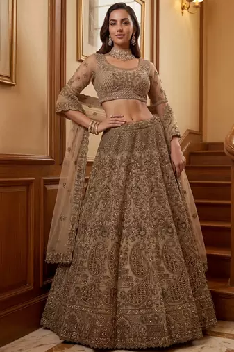 Grand Beige Zari Embroidery Net Sangeet Wear Lehenga Choli With Dupatta