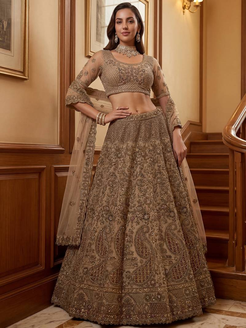 Grand Beige Zari Embroidery Net Sangeet Wear Lehenga Choli With Dupatta