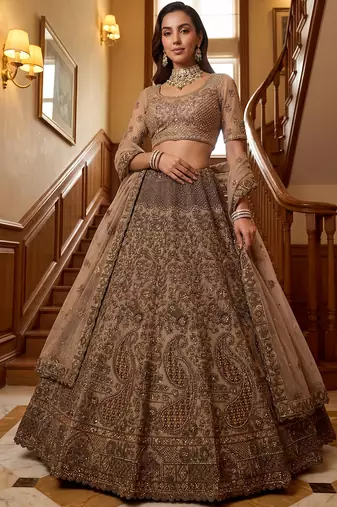 Grand Beige Zari Embroidery Net Sangeet Wear Lehenga Choli With Dupatta