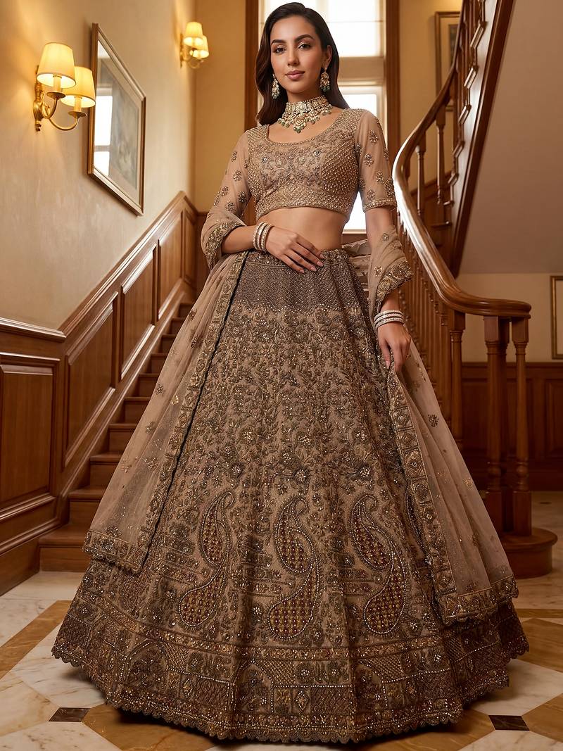 Grand Beige Zari Embroidery Net Sangeet Wear Lehenga Choli With Dupatta