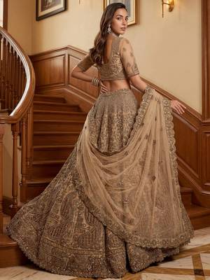 Grand Beige Zari Embroidery Net Sangeet Wear Lehenga Choli With Dupatta 4