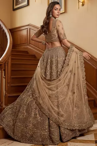 Grand Beige Zari Embroidery Net Sangeet Wear Lehenga Choli With Dupatta
