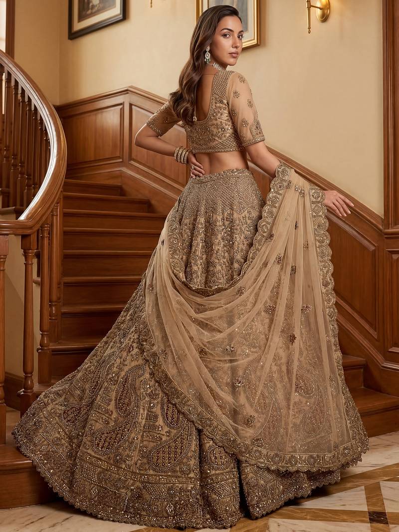Grand Beige Zari Embroidery Net Sangeet Wear Lehenga Choli With Dupatta