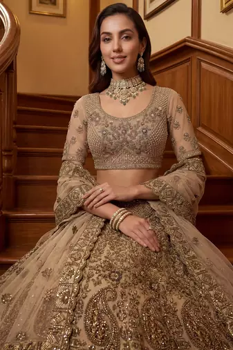 Grand Beige Zari Embroidery Net Sangeet Wear Lehenga Choli With Dupatta