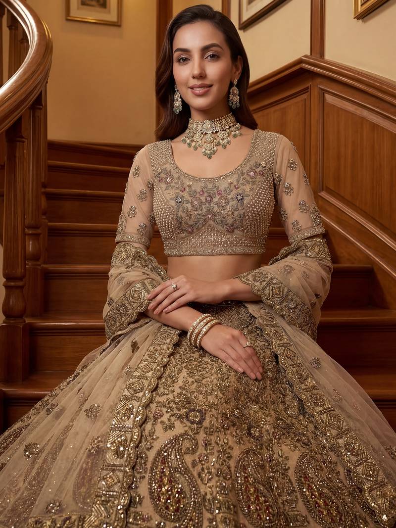 Grand Beige Zari Embroidery Net Sangeet Wear Lehenga Choli With Dupatta
