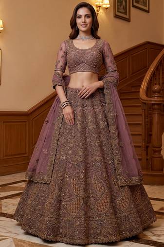 Luxurious Mauve Dori Work Net Reception Wear Lehenga With Blouse