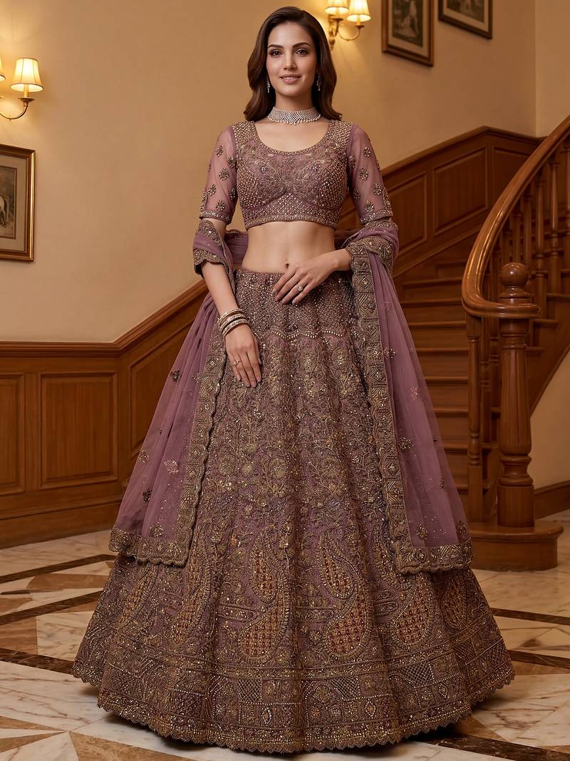Luxurious Mauve Dori Work Net Reception Wear Lehenga With Blouse