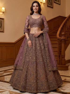 Luxurious Mauve Dori Work Net Reception Wear Lehenga With Blouse 1